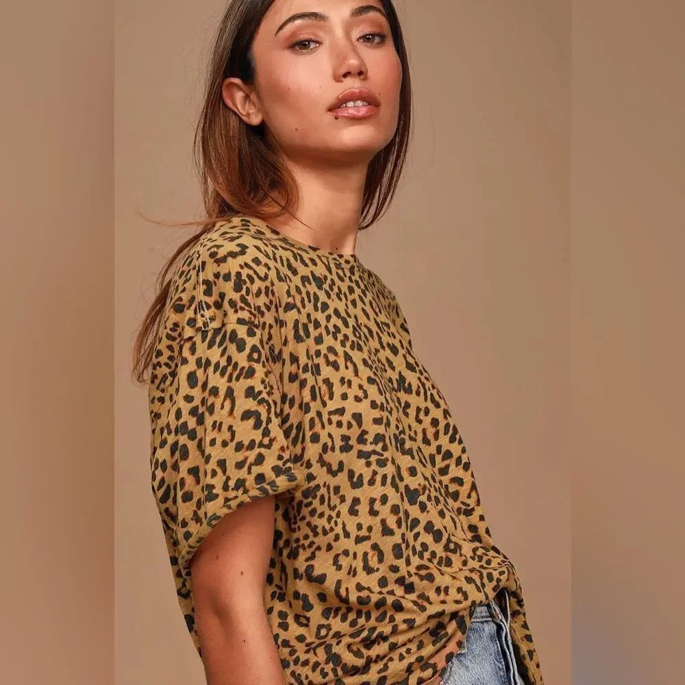 Free People Clarity Tan Cheetah Print Ringer Tee
